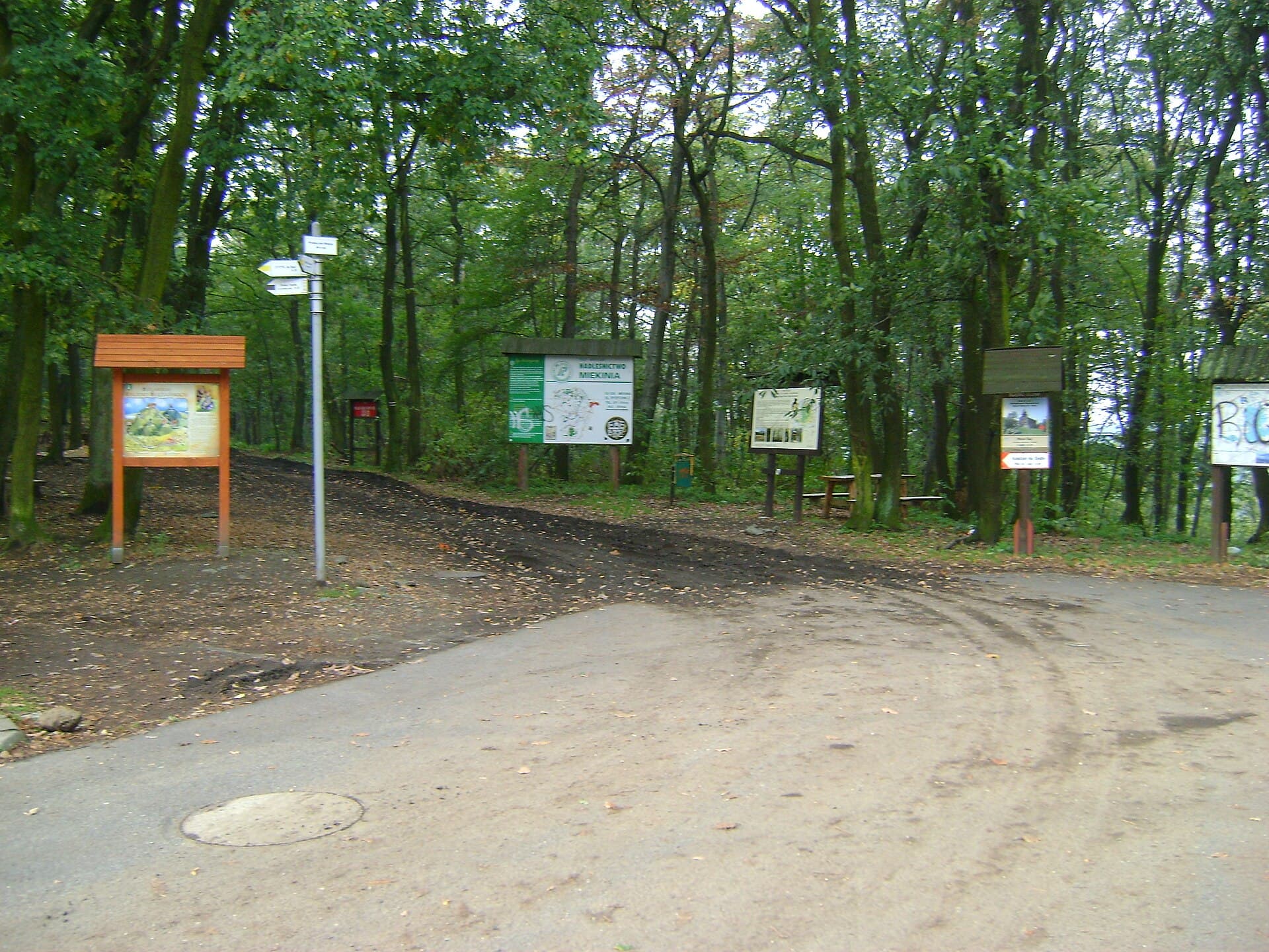 Przełęcz pod Wieżycą, wejście w las z drogowskazami i tablicami informacyjnymi
